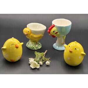 Vintage Ceramic Chick Egg Cups & Yellow Chicks Salt & Pepper Shakers